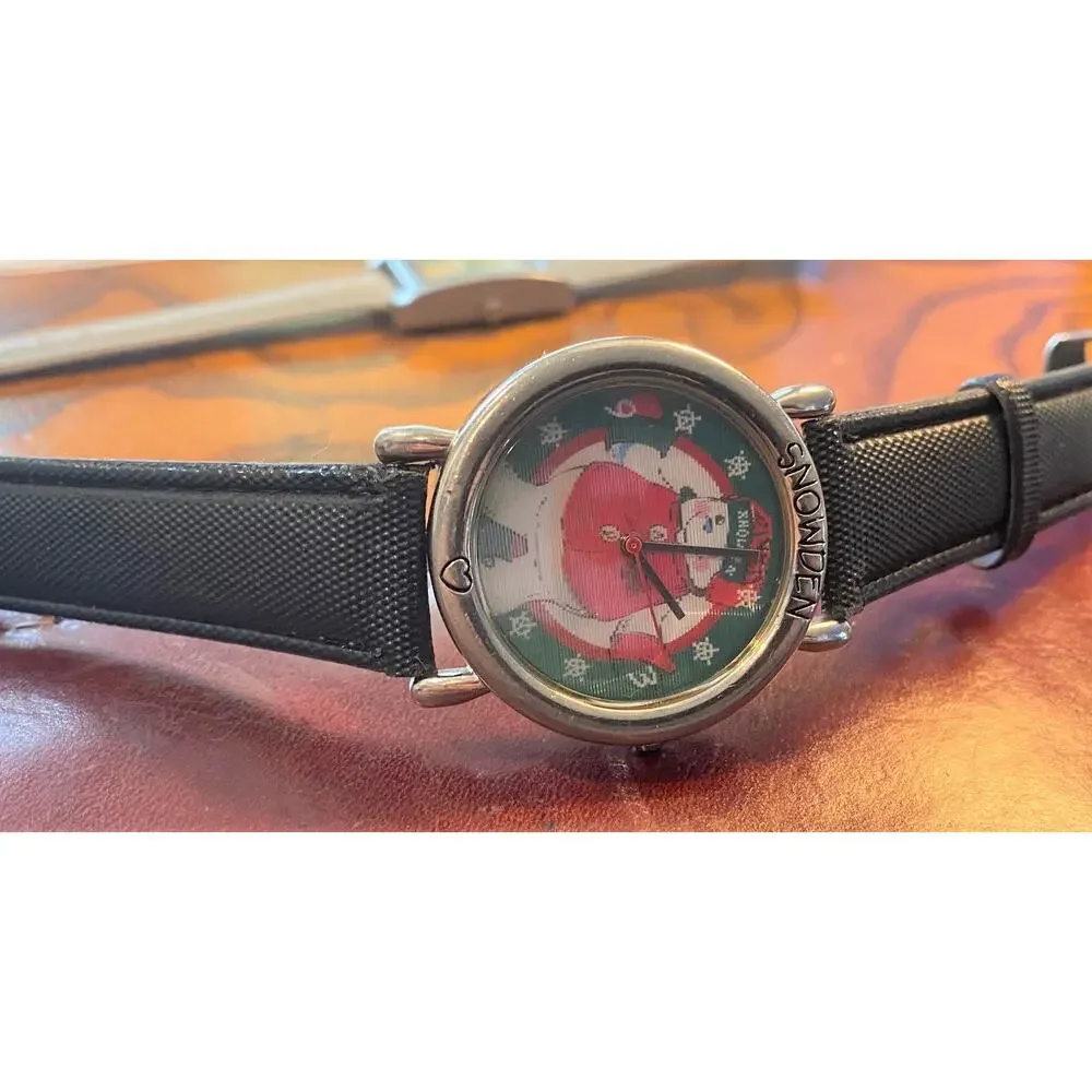 Silver Tone Snowden Watch, Changing Face Snowman Scene, Black Band